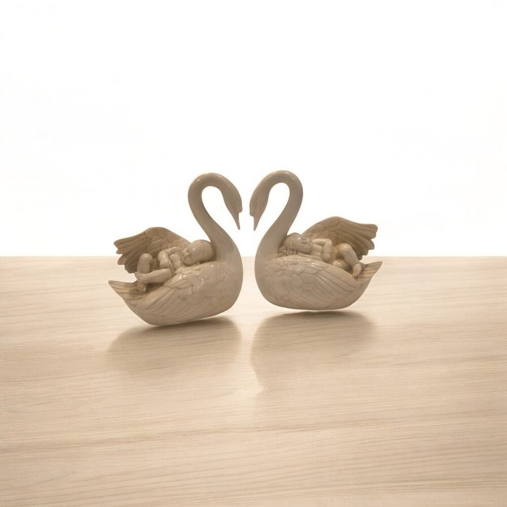 Oliver Tupton Pair of Guardian Angel Figurine Cherubs Sleeping on Swans Signed